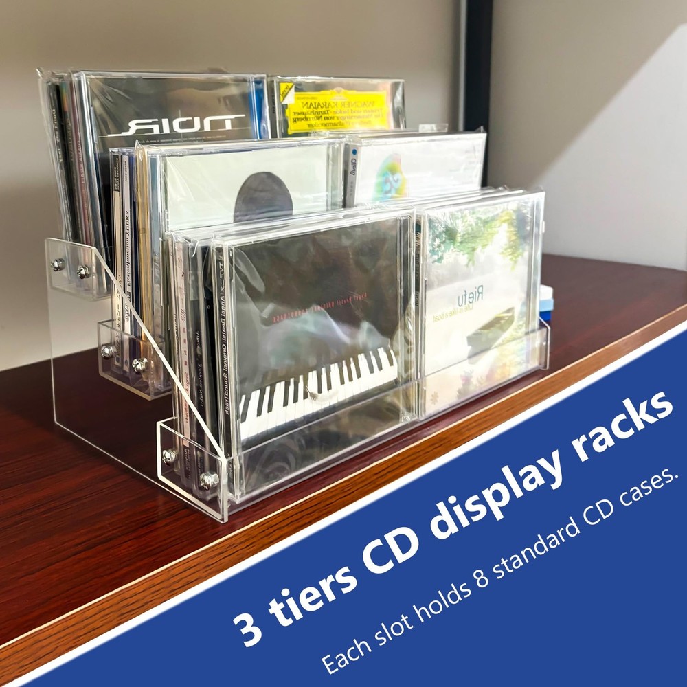 3Tier Clear Acrylic CD Holder Cascading Storage Rack Holds 24 Cases Medium