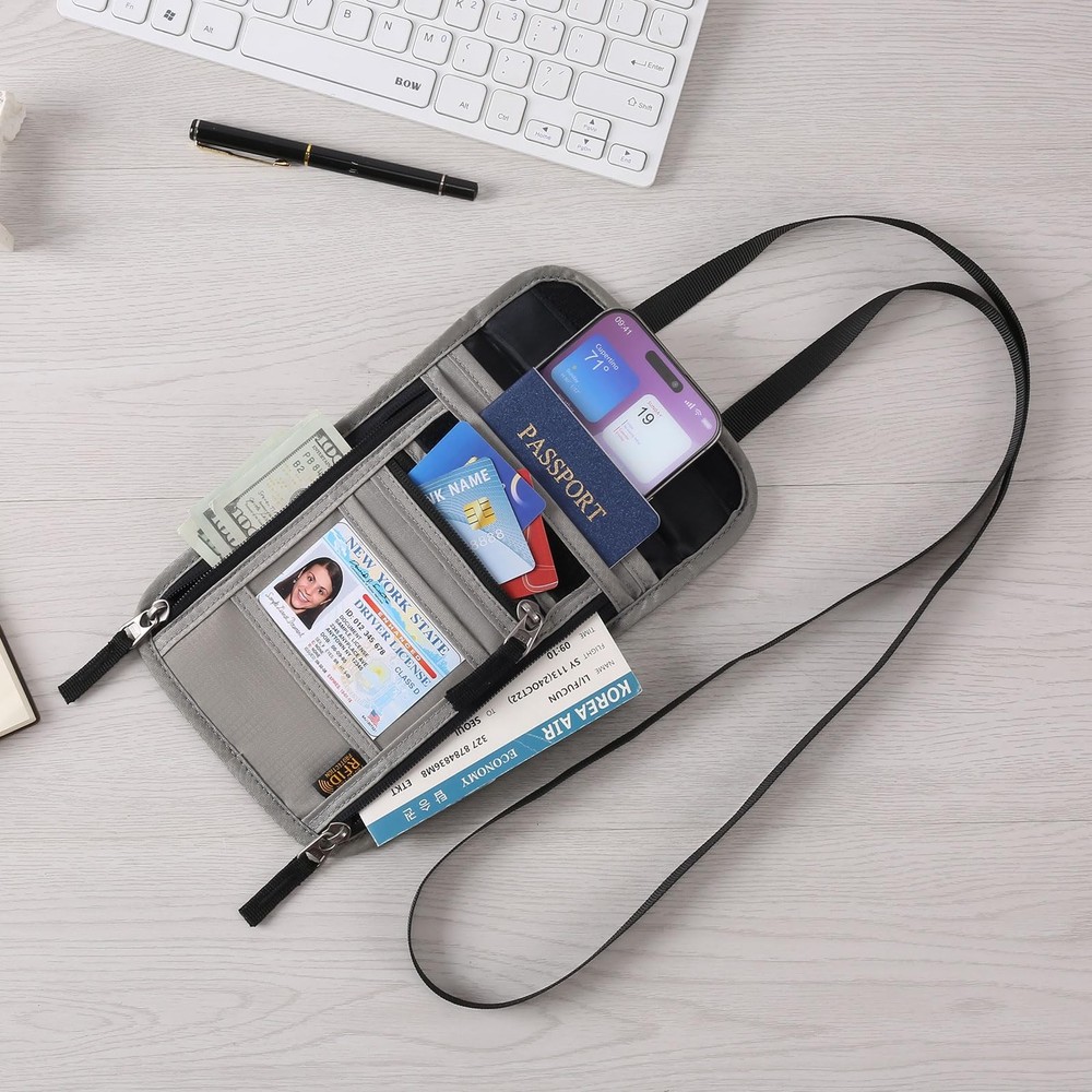 Passport Holder Neck Wallet RFID Blocking Light Gray