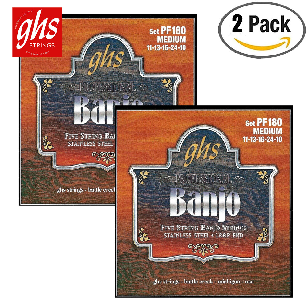 2-PACK GHS PF180 Stainless Steel 5-String Banjo Loop End String .011-.024 Medium
