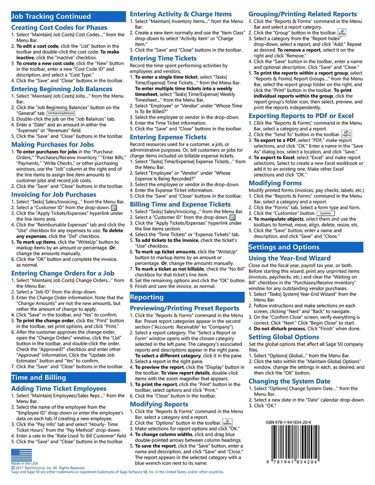 Sage 50 2018 Training Guide Quick Reference Card 4 Page Cheat Sheet Instructions