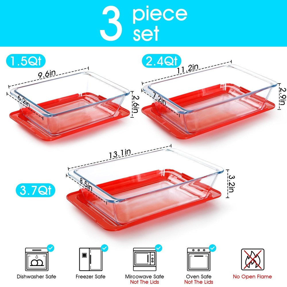 NUTRIUPS 1.5+2.4+3.7Qt Deep Glass Baking Rectangular with Lids-1.5+2.4+3.7Qt