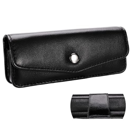 Small Folding Presbyopia Glasses Case, Cowhide Leather Folding Black (Medium)