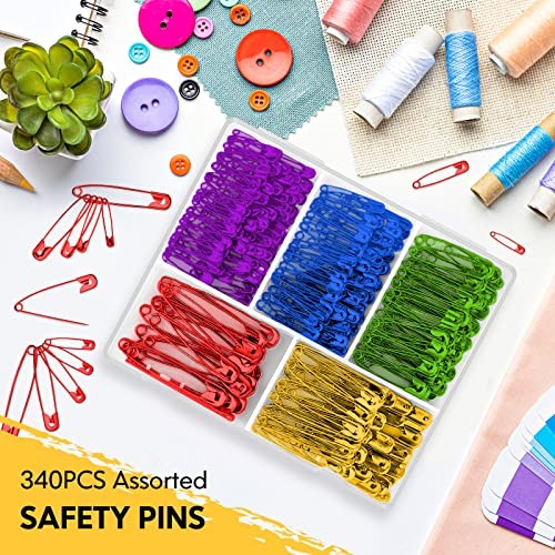 Safety Pins Assorted, 340 Pack 5 Different 5 Different Size, 340 Pack 5 Colors