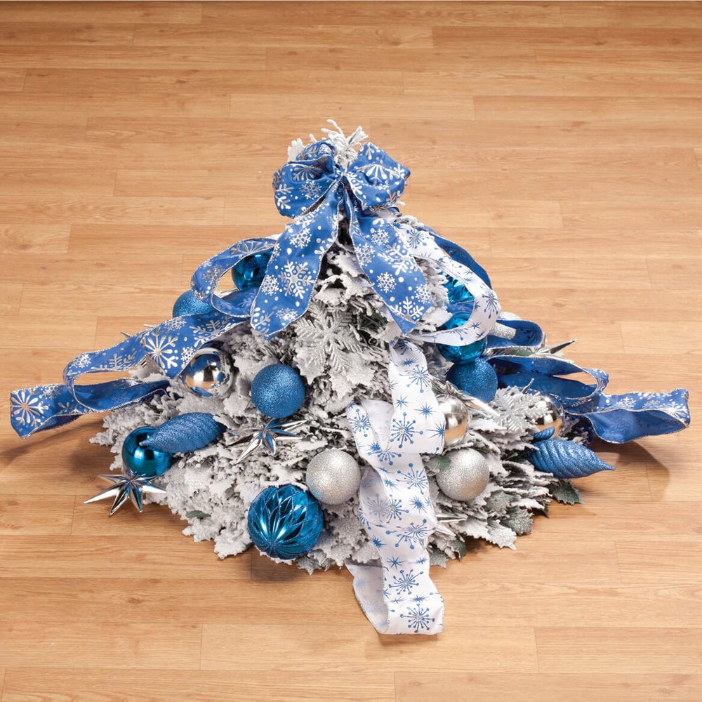 4-Foot Fully Decorated Blue & White Bow Pull-Up Collapsible Christmas Tree