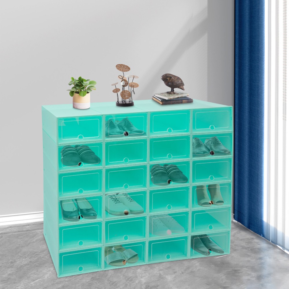 24Pack Foldable Shoe Box Storage Stackable Plastic Sneaker Case Organizer W/Lids