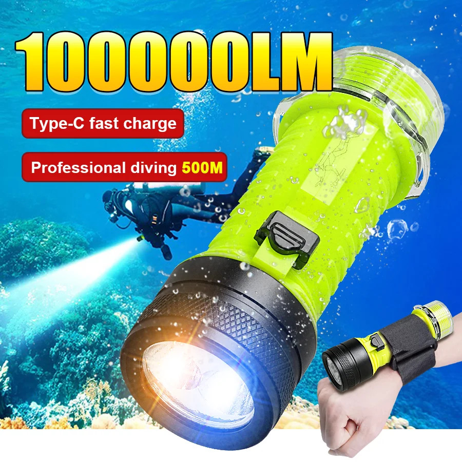 Strong Professional Diving Flashlight IPX8 Underwater Lantern USB Rechargeable