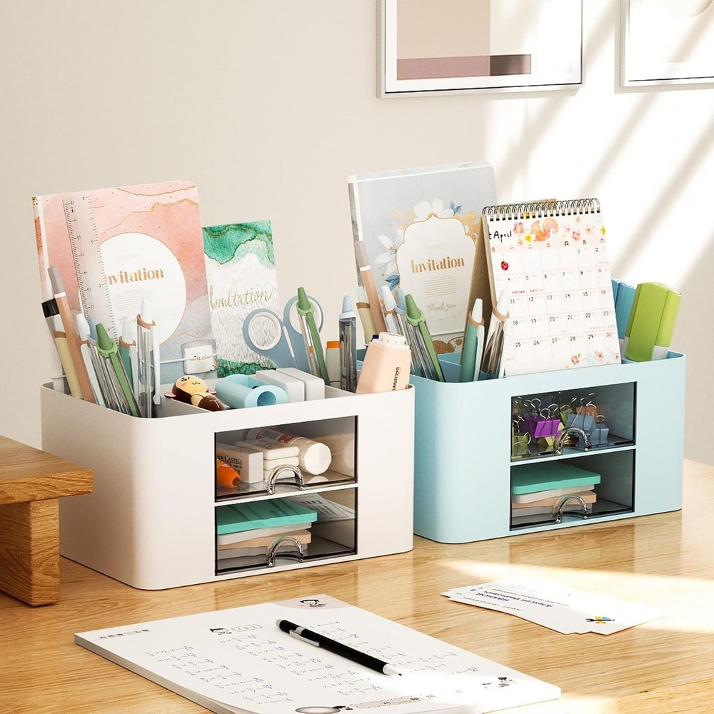 Multi-Functional White Plastic Pen Holder with Drawers for Tidy Workspaces