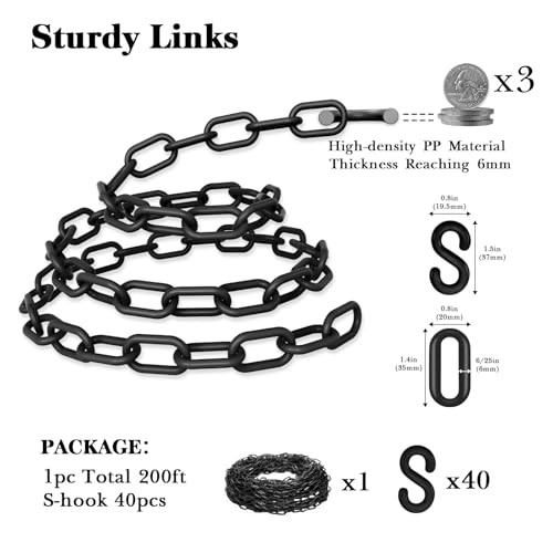 Plastic Chain, 200Ft Plastic Chains Links, Large Plastic 200Ft-1Piece Black