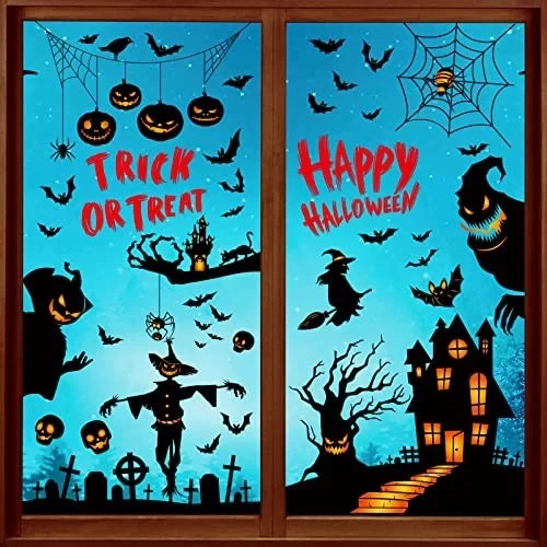 HALLOWEEN WINDOW CLING STICKERS – 9 SHEETS – HAUNTED HOUSE, GHOSTS, GRAVEYARD BN