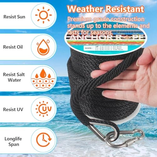 1/2 Inch 50 FT Anchor Rope, Boat Anchor Rope Solid Braid MFP, 1/2inx50ft Black