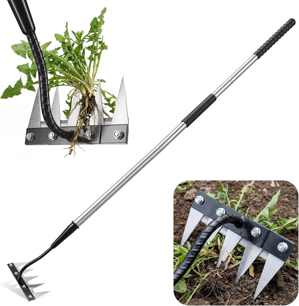 Iron Weeding Rake with Long Handle - Upgraded 5 Teeth Weed Puller Tool, Heavy Du