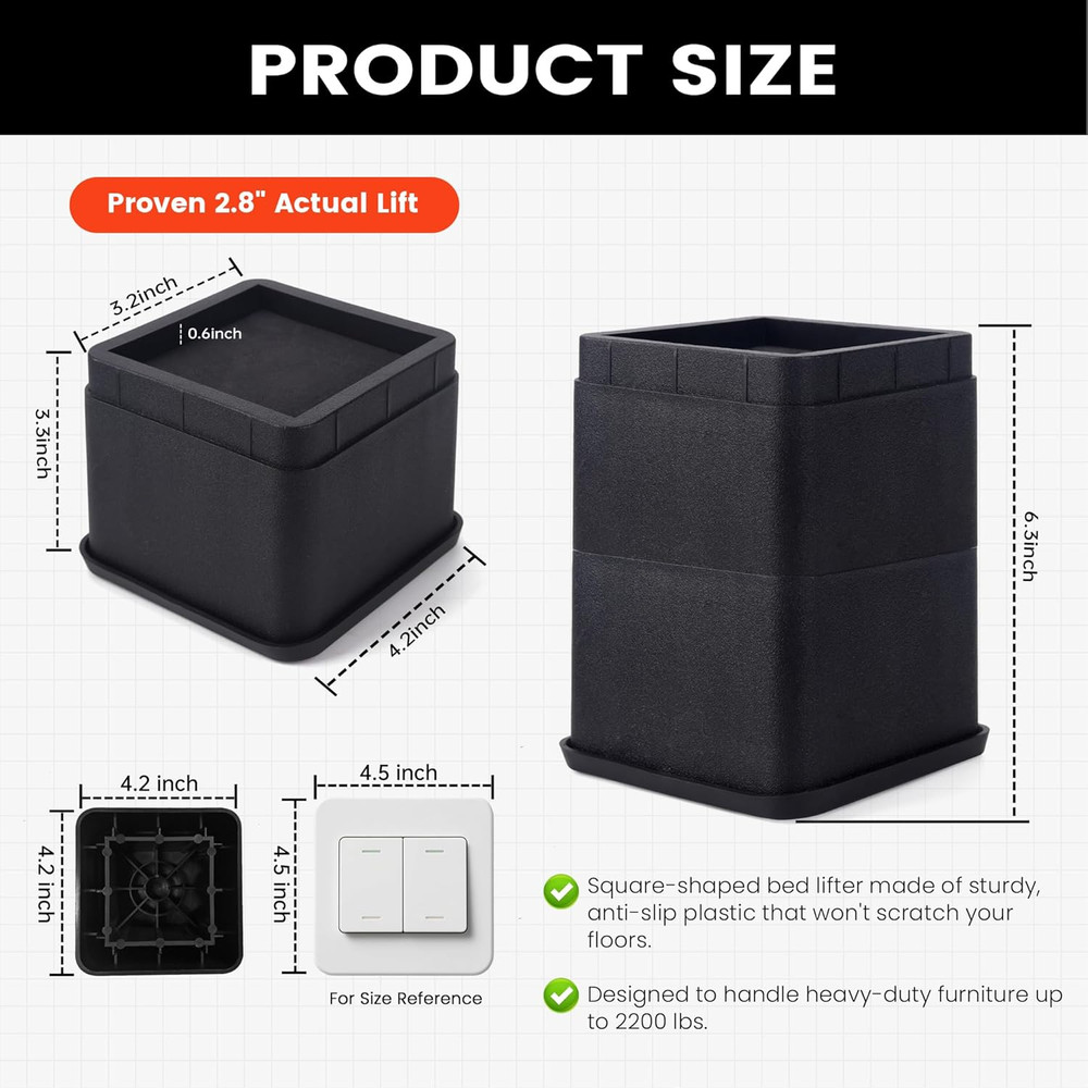 4 Pack Adjustable Bed Risers 3 or 6 Inch Stackable Furniture Lift Support Blocks