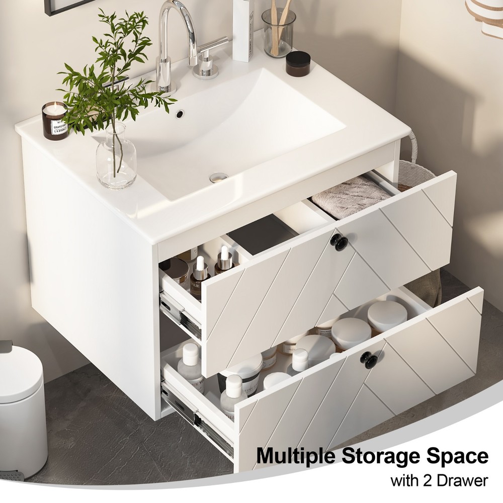 Floating Wall-Mounted Vanity Set with Ceramic Sink, Soft-Close Drawers White