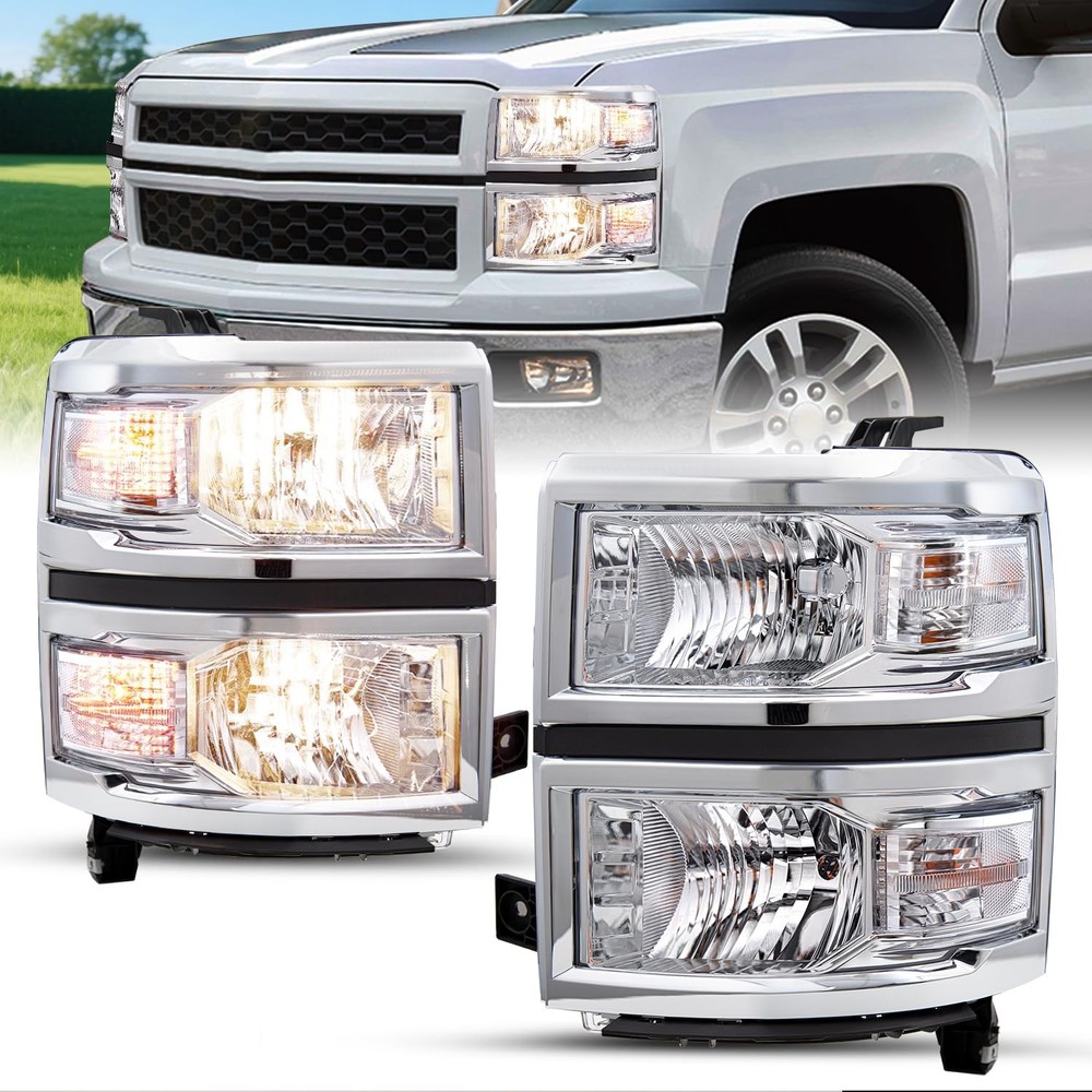 Halogen Headlight for 2014-2015 Chevy Silverado 1500 Chrome Clear Reflector Pair