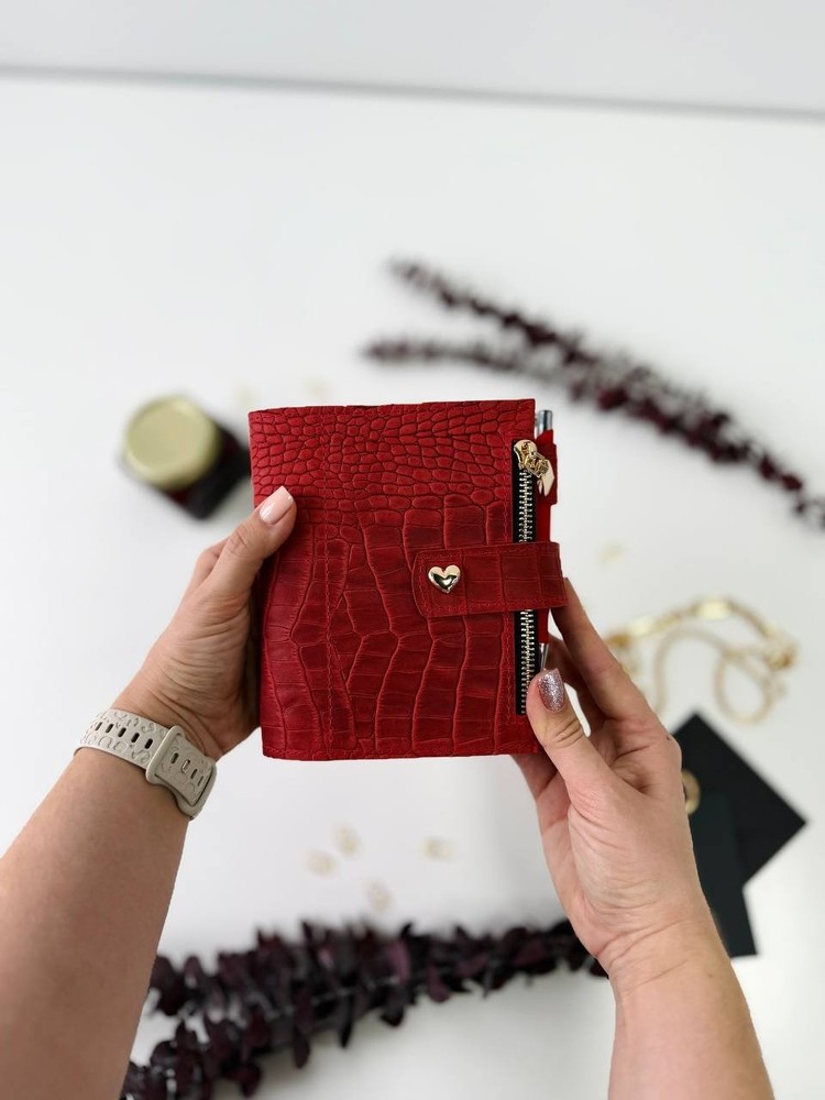 Mini red leather notebook-wallet cover A7 Big rings mini wallet. Mini Planner.
