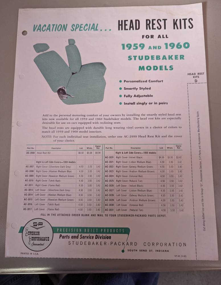 Studebaker Accessories Head Rest Kits Flyer