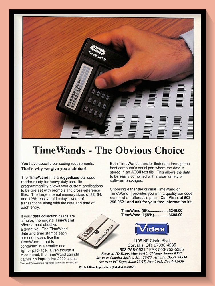 1991 Videx TimeWand Bar Code Reader Vintage PRINT AD Retro Electronics