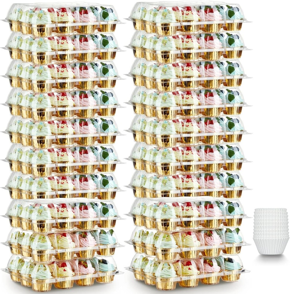 12 Pack x 20 Sets Stackable Cupcake Carrier with 240 Pack Liners, Plastic Cup...