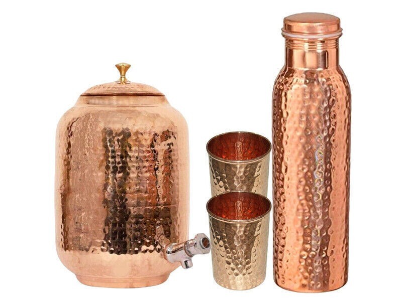 New Copper Water Dispenser Container Pot With Bottle & 2 Glass (5 Litres)
