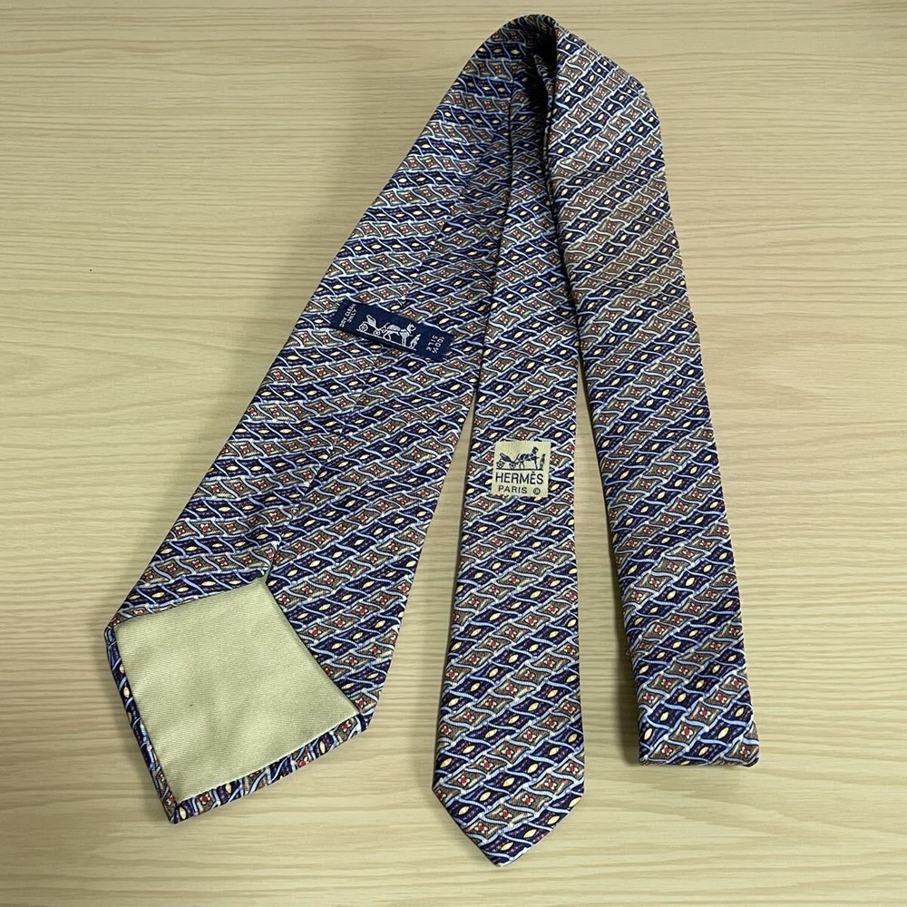 HERMES Navy Green Micro Diamond Stripe Pattern Tie
