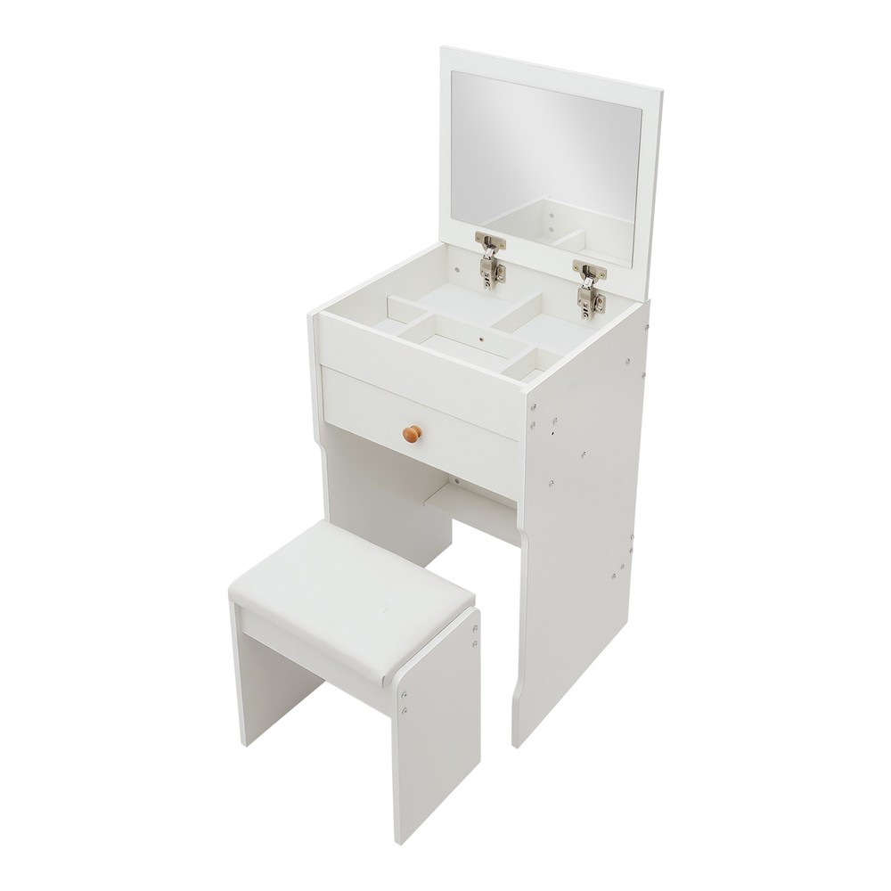 Vanity Table With Mirror, Compact Makeup Vanity W/ Storage Compartments & Stool