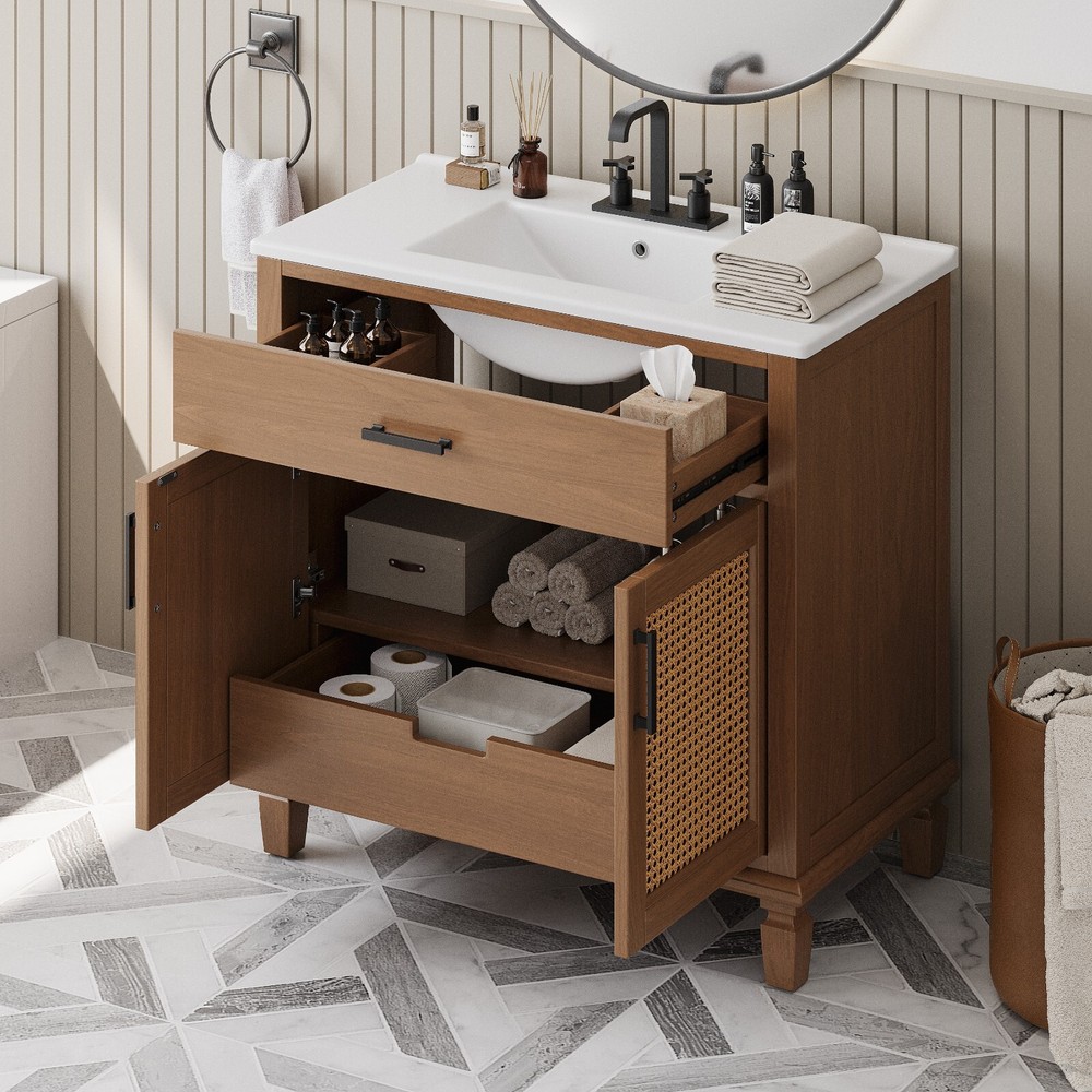 Modern Rattan Bathroom Vanity w/ Ceramic Sink & Soft-Close Drawers