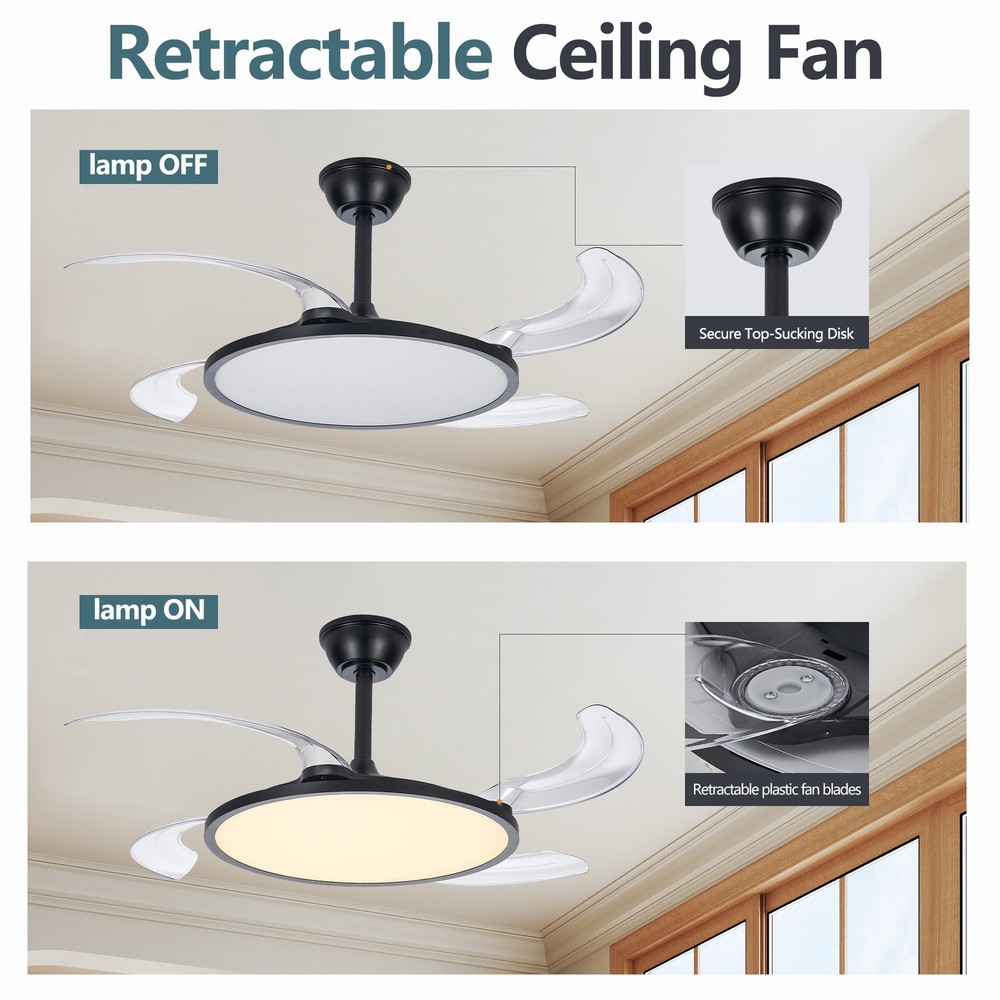 42" LED Ceiling Fan Light Dimmable 3CCT Retractable Blade w Remote & APP Control