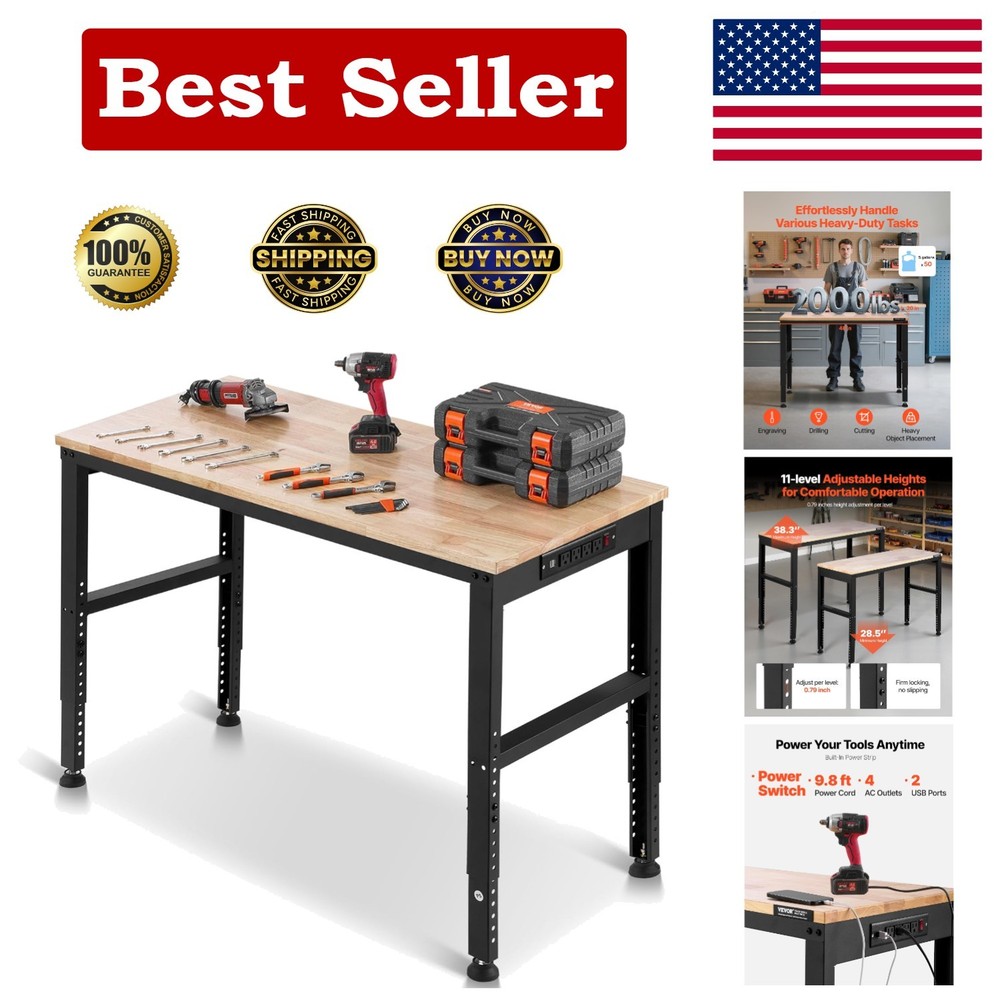 Durable 2000 lbs Capacity Adjustable Workbench - 48x20 Inch with Power Solutions
