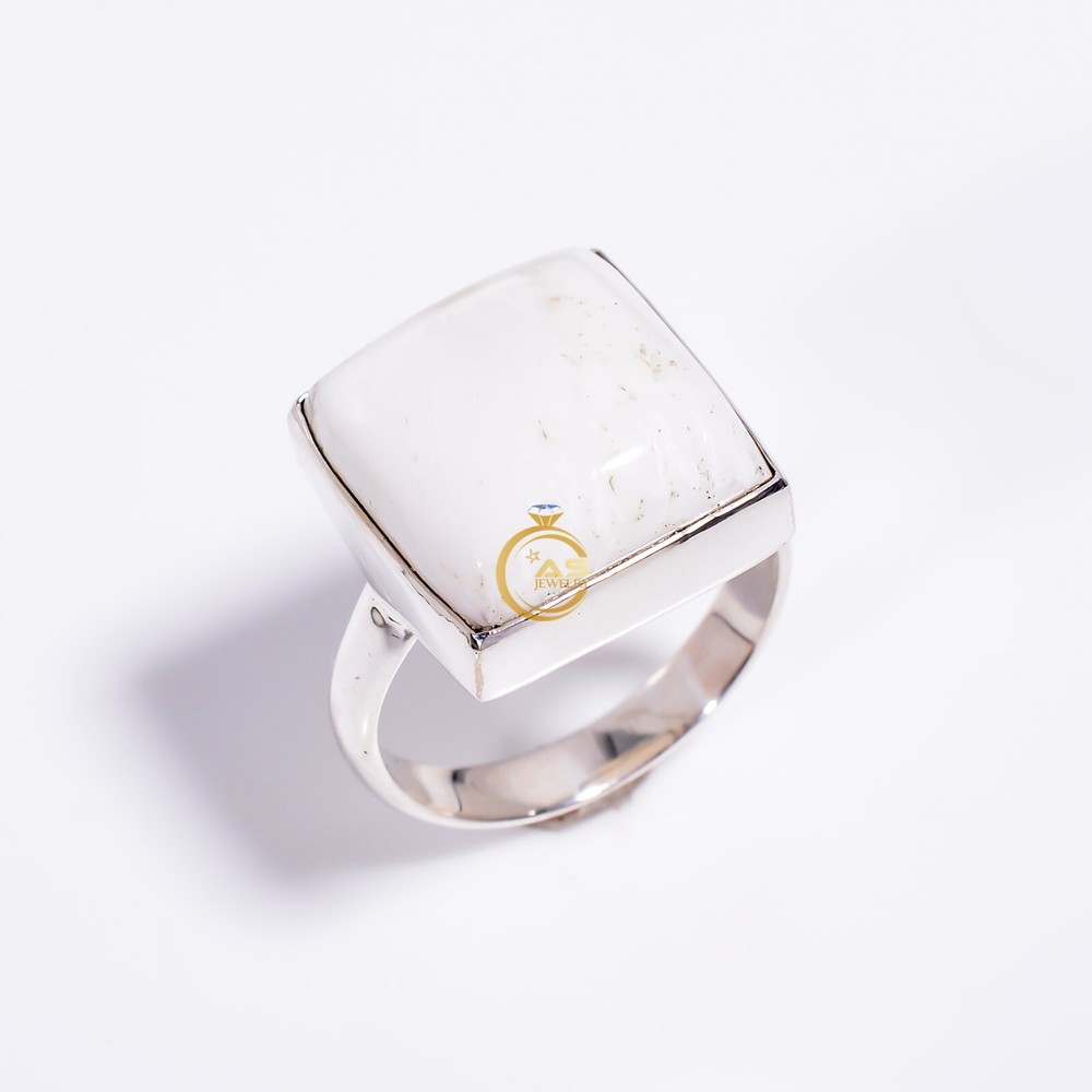 Natural White Scolecite Ring 925 Sterling Silver Handmade Statement Boho Rings