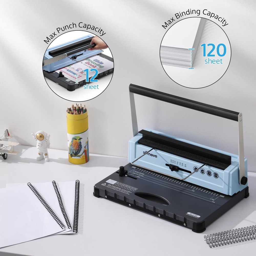 Wire Binding Machine, Punch 12 Sheets, 34-Square Hole Punch, Bind 120 Sheets ...