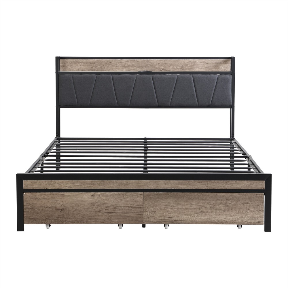 Queen Size Bed Frame w/ Upholstered Headboard Metal Platform Bed w/ 2 Drawers