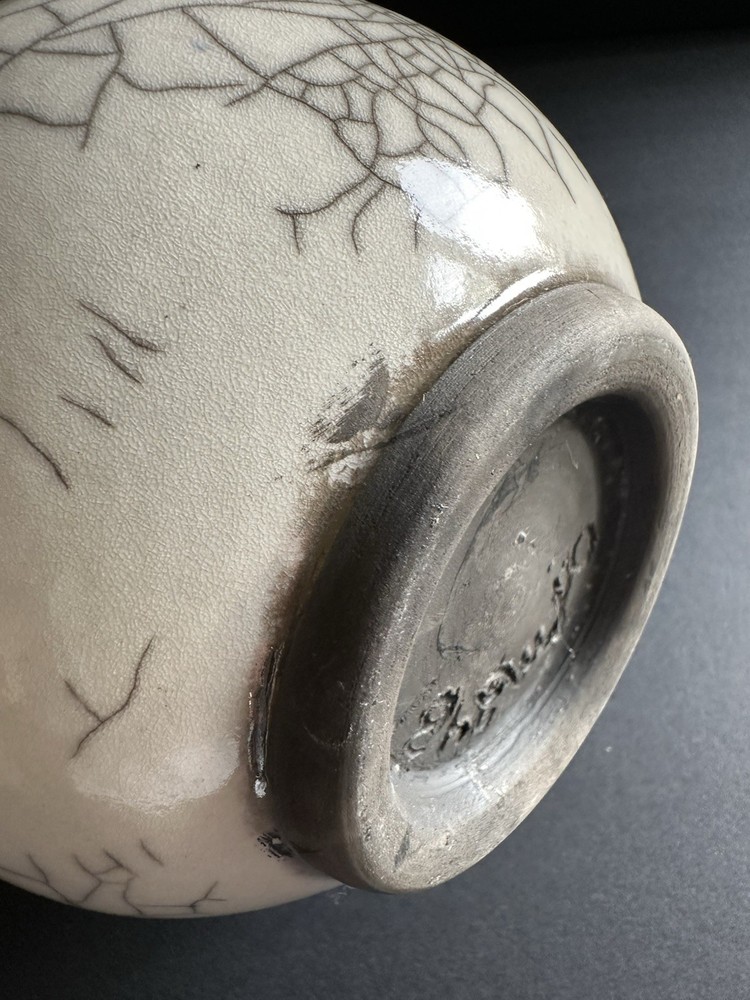 Raku Studio Pottery Vase Crackle Aqua Signed 5″×4.5”