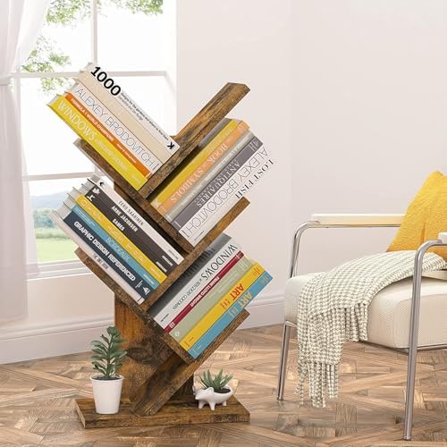 Tree Bookshelf, 4 Shelf Bookcase, Modern Book Storage, 4 Tier Rustic Brown