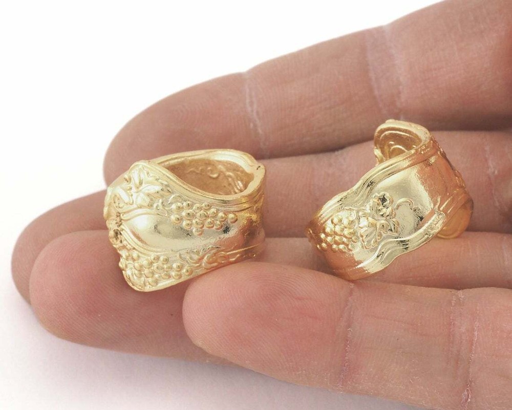 Spoon Ring Flower Patterned Adjustable Shiny Gold Plated Brass 7US 2683