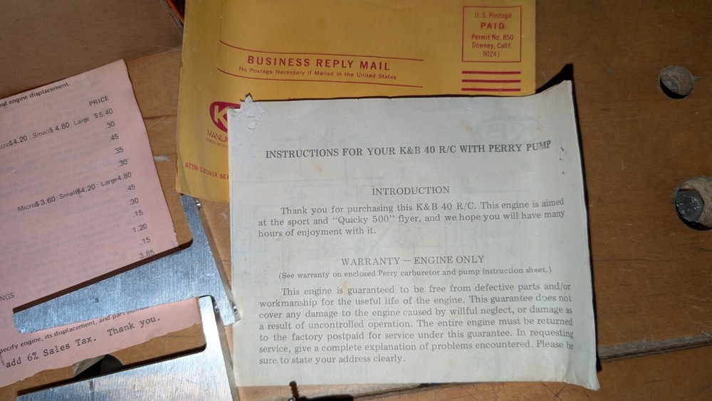 K&B #40 Model Airplane Engine with Perry carb , paperwork, etc + O/B