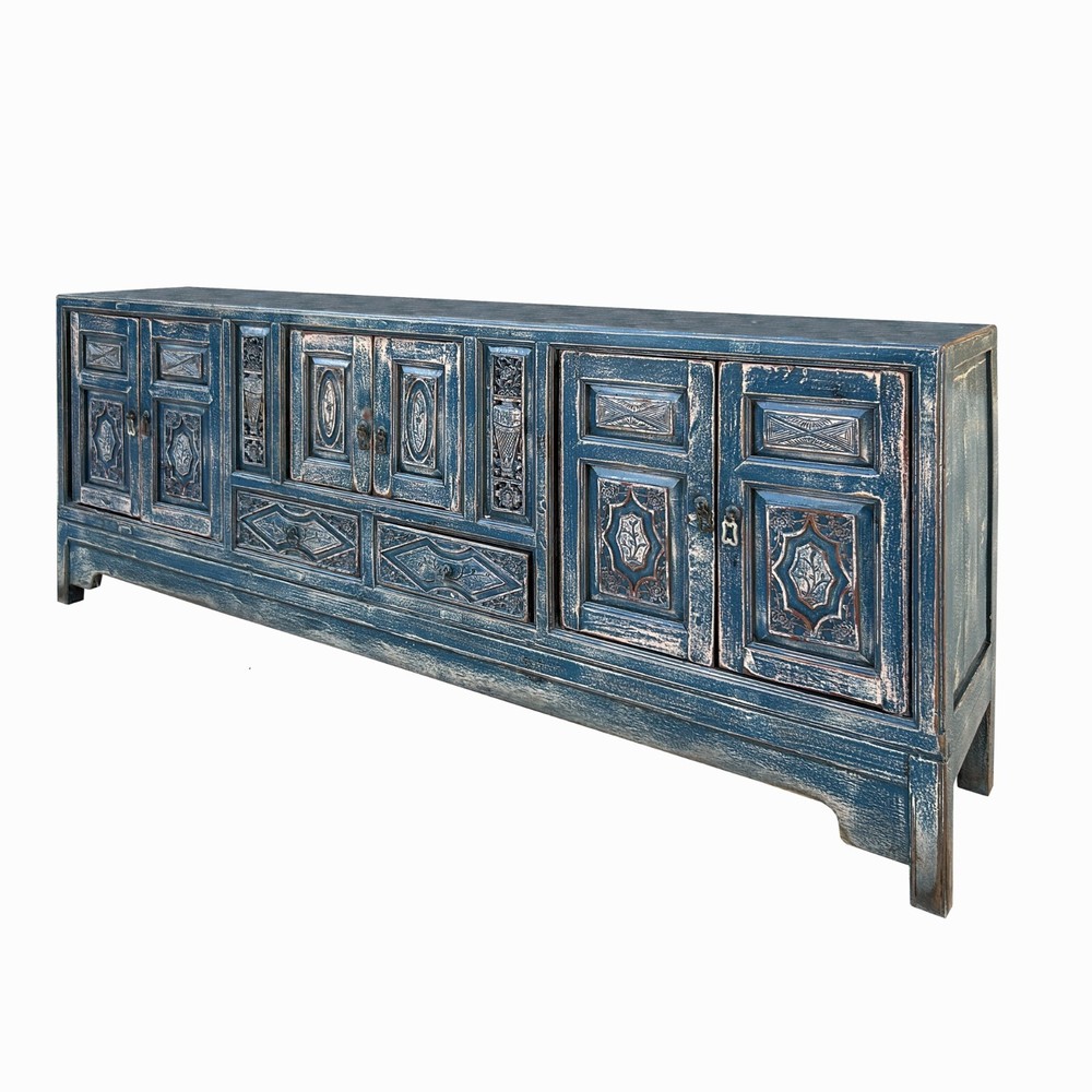 Chinese Distressed Dark Blue Vases Pattern TV Console Table Cabinet cs7738