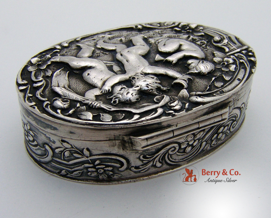 Figural Dancing Cherub Pill Box Oval Large 800 Silver 1900