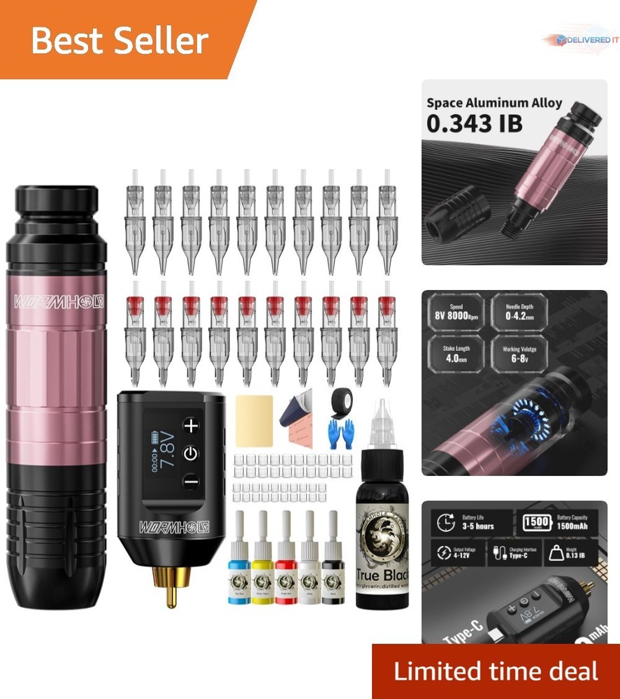Wireless Tattoo Machine Kit Complete Practice Set Rechargeable LED Display