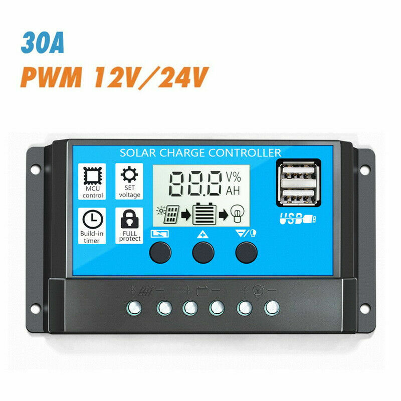 2 Packs Solar Panel Battery Charge Controller 30A 12V/24V LCD Dual USB Regulator
