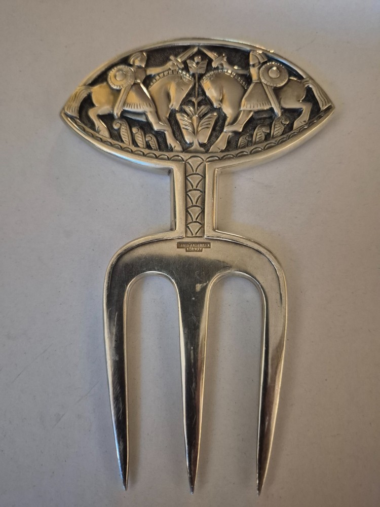 Vtg. David Andersen Silver Plated Vikings Motif Meat/bread Fork