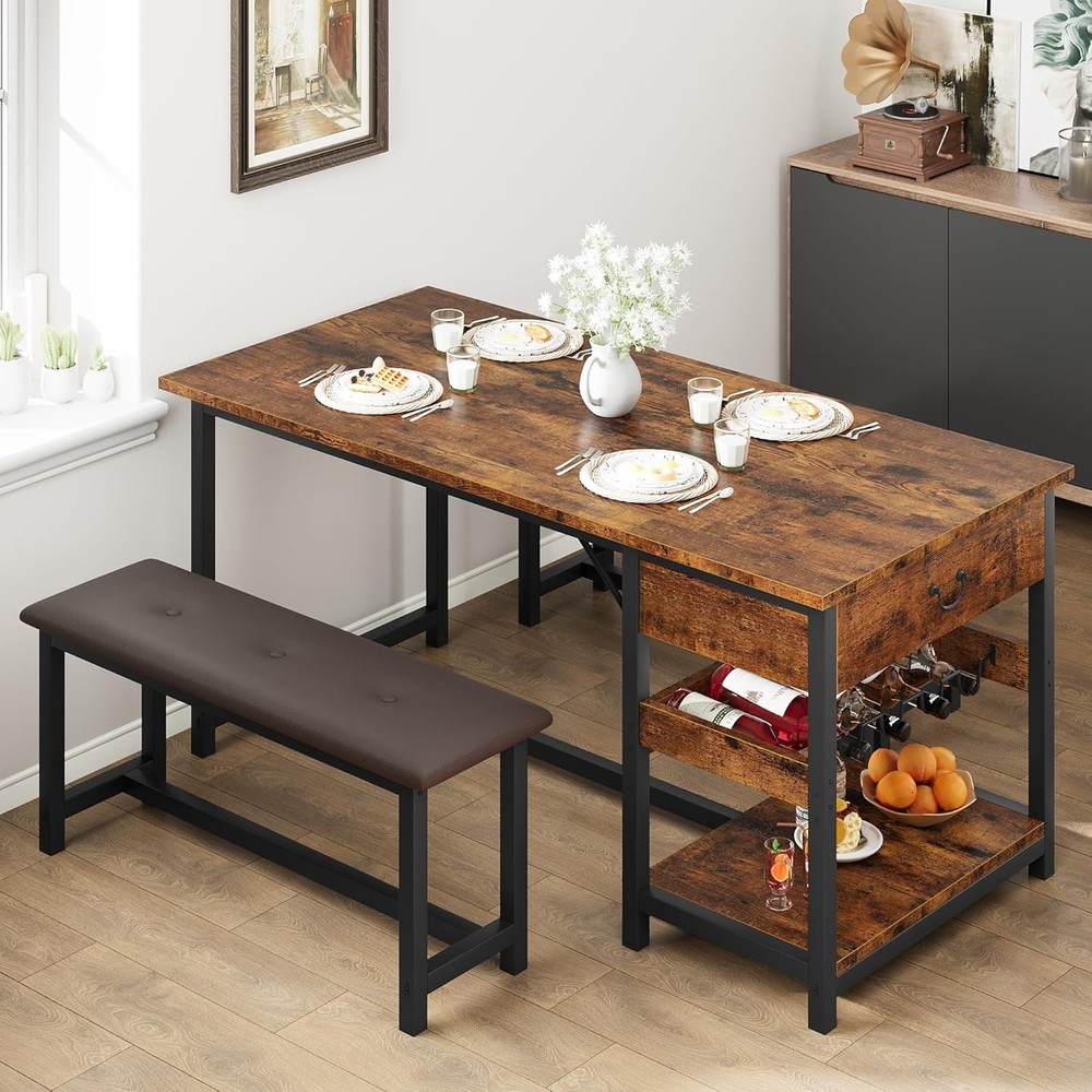 Compact Dining Table Set for 4 with Upholstered Benches Drawers Wine Rack