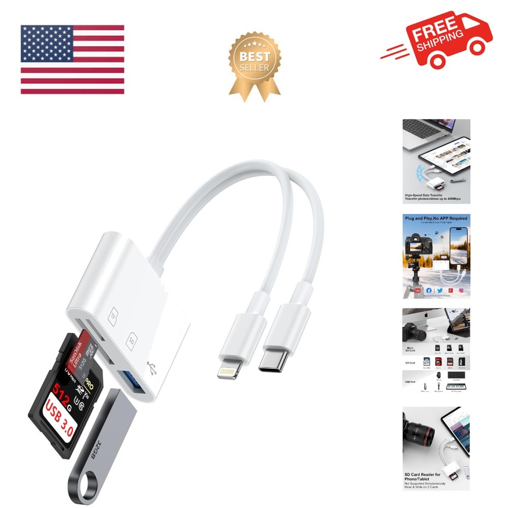 SD Card Reader for iPhone, iPad, Samsung, Memory SD Card Reader USB C&Lightni...