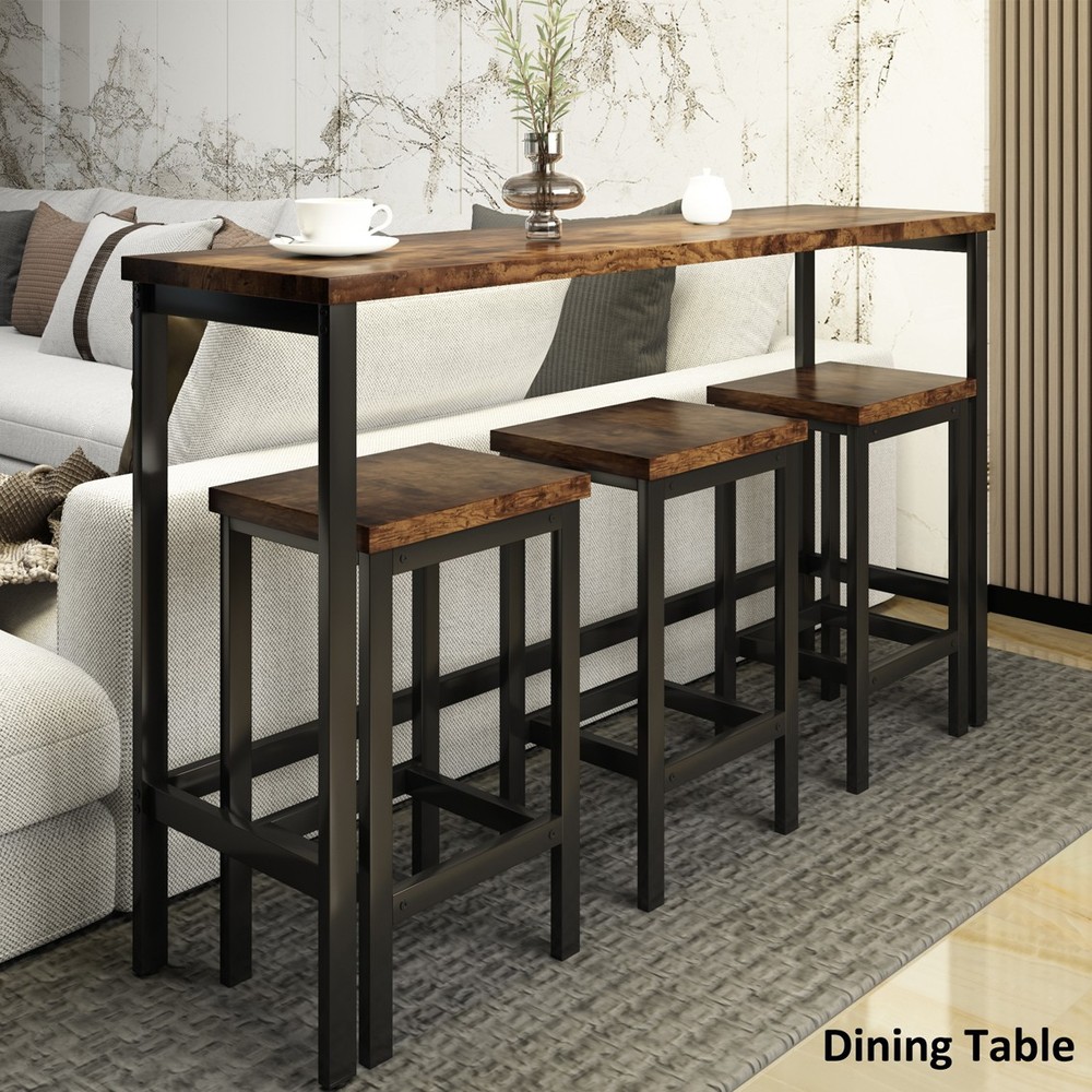 Dining Table Set with 3 Stools Pub Kitchen Set Side Table with Footrest Brown