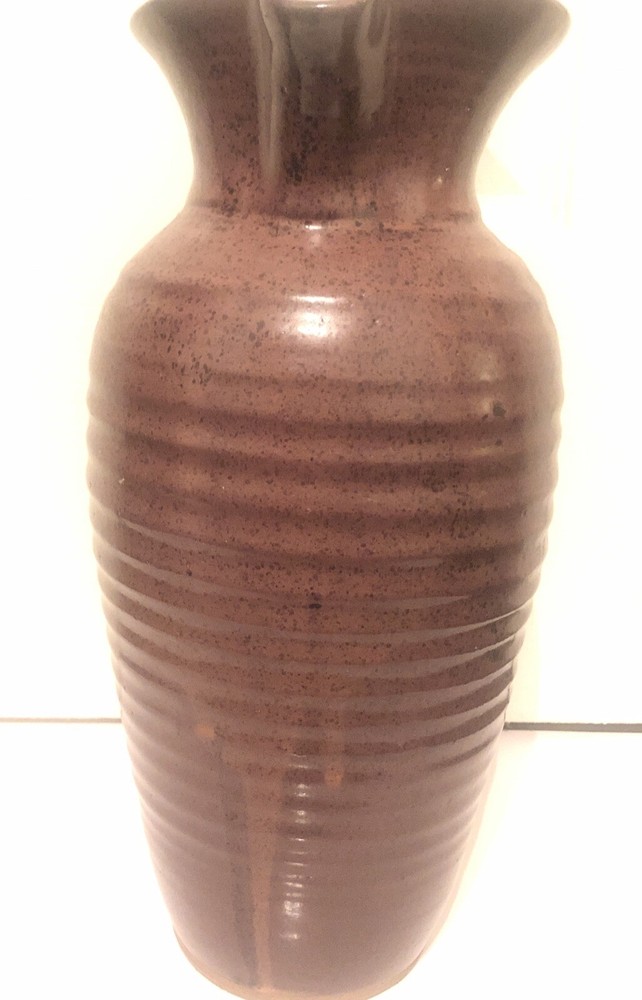 Art Pottery Ceramic Pitcher Rustic Drip Glaze Ribbed Pattern Scroll Handle 11.5”