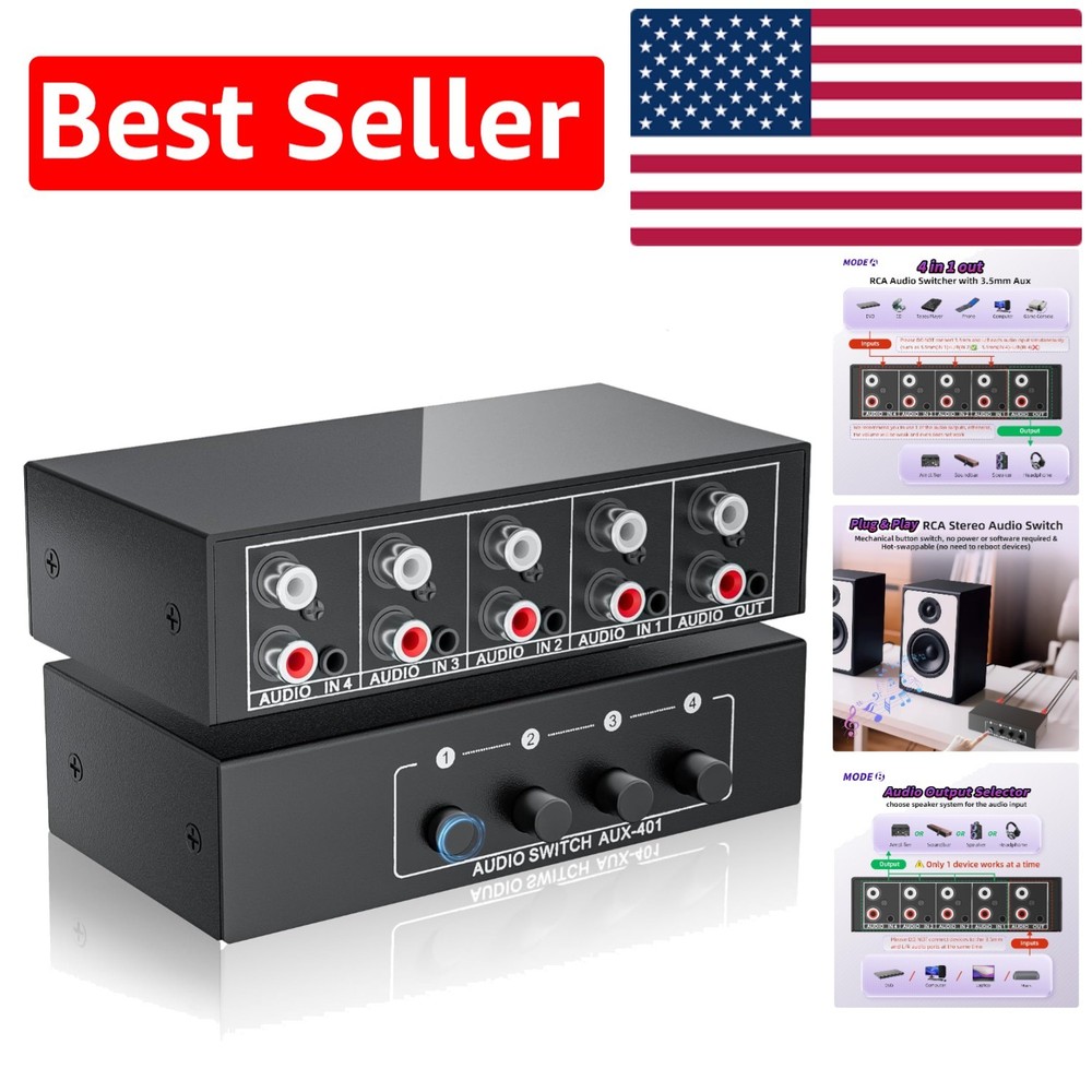 Passive Stereo Audio Switch Box – 4 Inputs and 1 Output, No Power Required