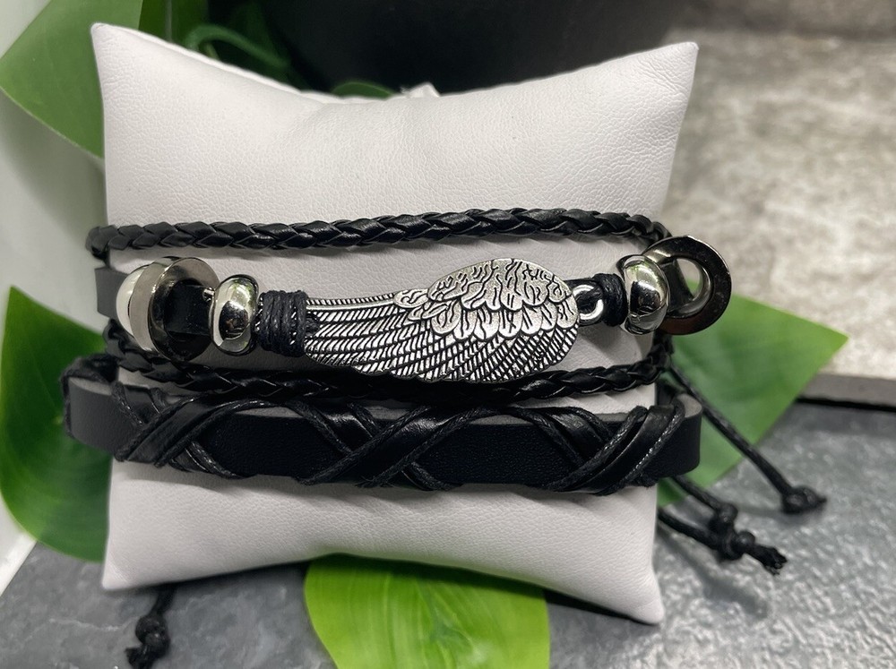 2 PC Leather Bracelet Stackable Adjustable Tie Free Ship Feather B3275