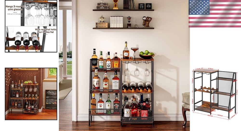 Versatile Mini Bar Table with Large Capacity 3-Tier Liquor Display Shelf