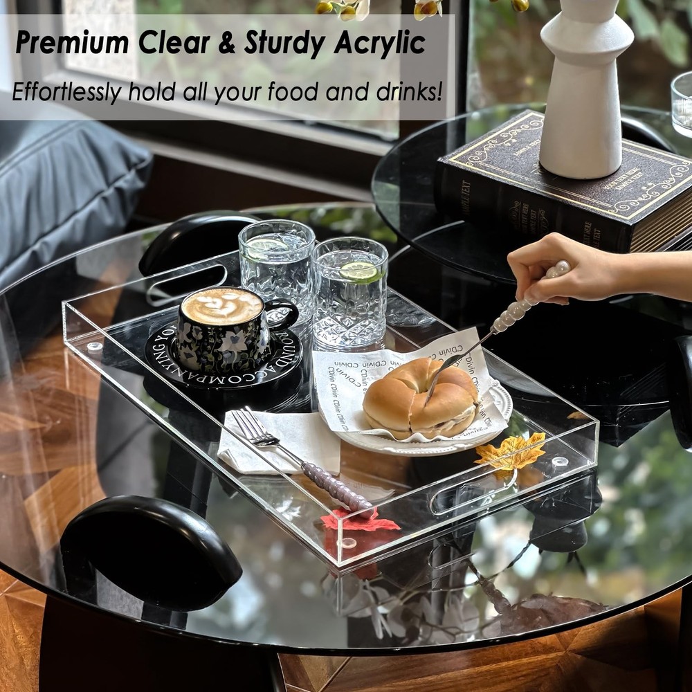 Collwait Acrylic Serving Tray with Handles, Extra Large Rectangular Tray for Ser