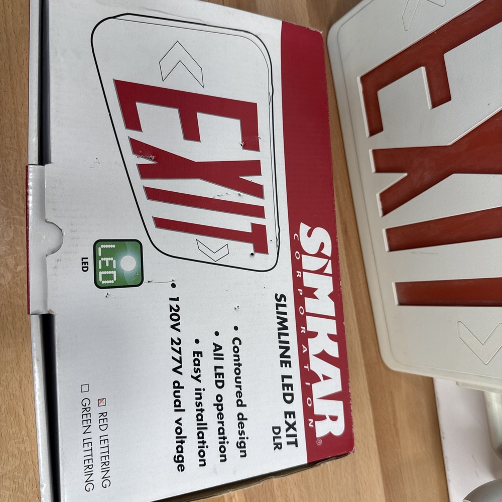Simkar Slimline LED Exit Sign Combo Red Light Emergency Dual Voltage White