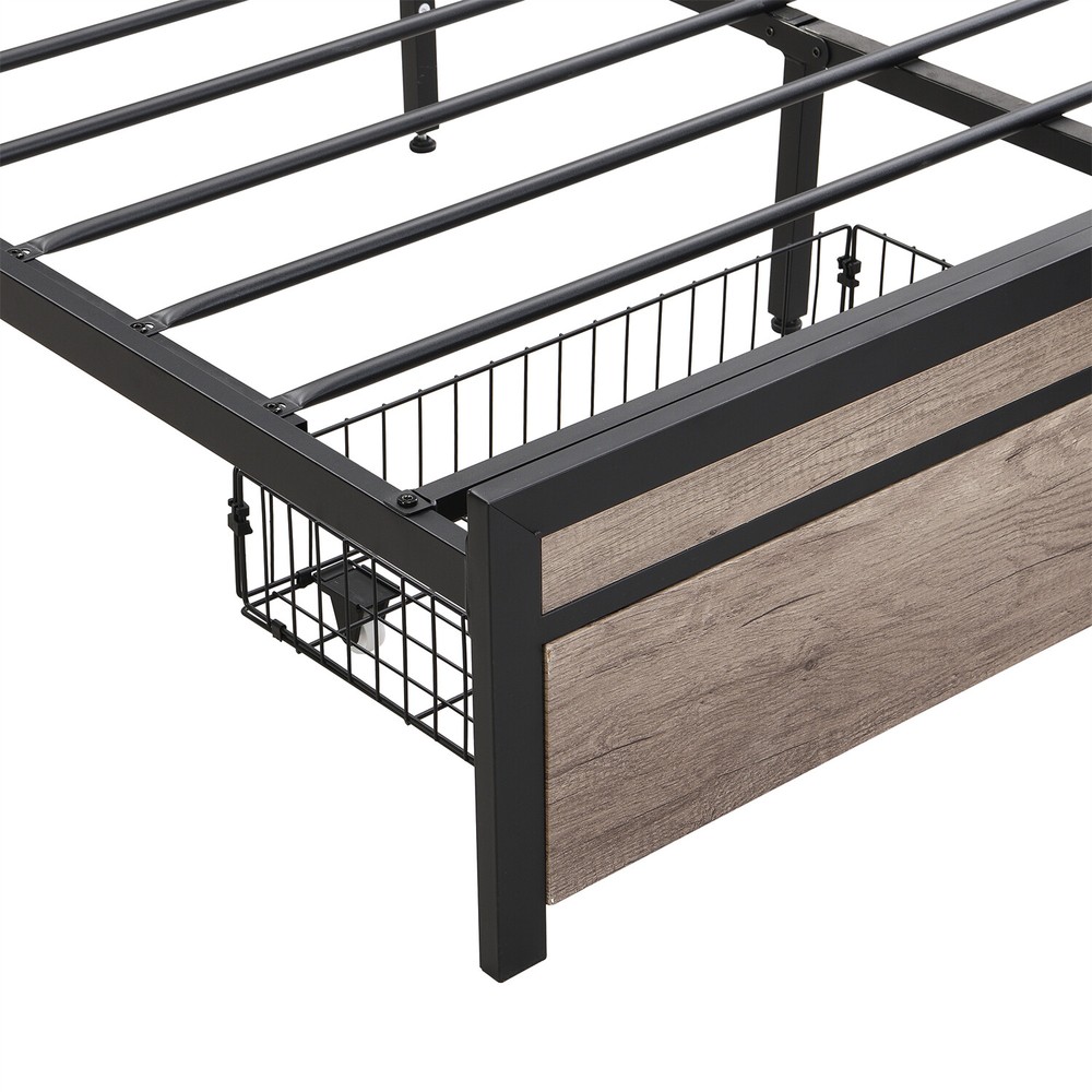 Queen Size Bed Frame w/ Upholstered Headboard Metal Platform Bed w/ 2 Drawers